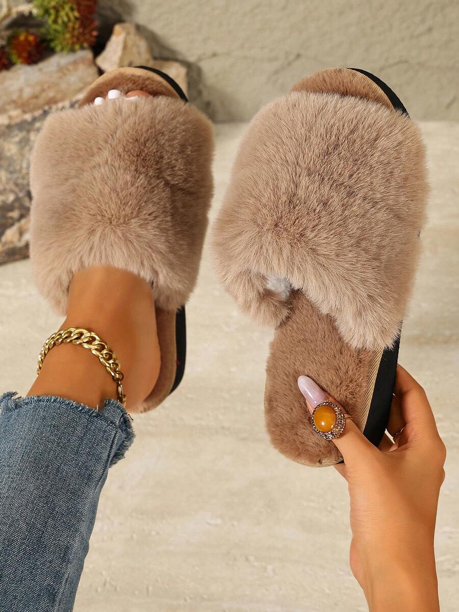 Korean Style Minimalist Fluffy Open Toe Slippers Flat Non-Slip Thick Sole One-Strap Fuzzy Slides - Khaki - View 1