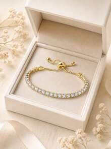 Camhanno Gold Tennis Bracelet Adjustable Pull Chain, Shiny Round Zirconia Bracelet, Women Dainty Wrist Jewelry Gift - Gold - View 9