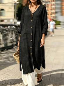 Đầm sơ mi dài nữ size lớn, đầm đen phong cách Bohemian vân vải linen, dáng rộng có hàng cúc trước và xẻ tà bên hông, áo khoác ngoài đi biển du lịch, đa năng cho mùa hè và mùa thu - màu đen - Xem 1