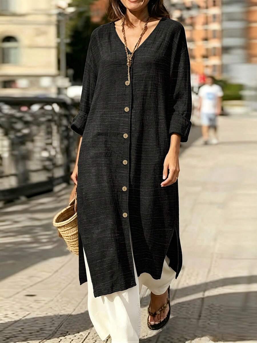 Đầm sơ mi dài nữ size lớn, đầm đen phong cách Bohemian vân vải linen, dáng rộng có hàng cúc trước và xẻ tà bên hông, áo khoác ngoài đi biển du lịch, đa năng cho mùa hè và mùa thu - màu đen - Xem 1