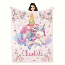 1 Personalized Unicorn Theme Pattern, Unicorn Pattern, Flannel Blanket, Customized Name - Suitable For All Seasons, Soft, Lightweight, Perfect For Sofa, Bed, Outdoor - Perfect Birthday And Holiday Gift For Family And Friends - Multicolor - View 3