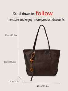 1pc Vintage Large Capacity Commuter Tote Bag, Zipper Closure, Pendant Decoration, Suitable For Daily Outing, Dating, Commuting - Coffee - View 4
