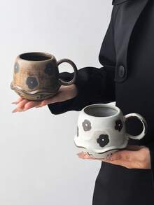 1pc Vintage Coarse Ceramic Coffee Mug, Retro Distressed Wabi-Sabi Style Artistic Mug, Asymmetrical Ruffled Edge & Rust Floral Pattern, Unique Creative Design, Fun Cup, Ceramic - Multi-Functional Dishwasher - Multicolor - View 3