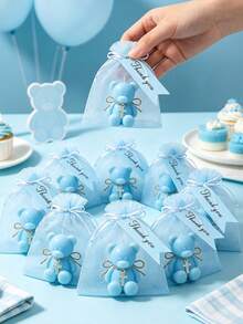 12/6/1 Set - Baptism Gift Set - Blue Teddy Bear Scented Candle Includes Blue Organza Bag And Blue Thank You Tag, DIY Fillable Gift Bag Suitable For Gender Reveal Party, Baby Shower Party Gift, Guest Favor, Christian Baptism, Communion, Church Event, Religious Gift, Ideal Party Favor - Multicolor - View 7
