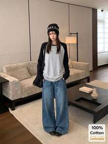 Women's Grey Black Contrast Raglan Sleeve Long Sleeve T-Shirt, Loose Fit Crew Neck Casual Baseball Style Top, Japanese Streetwear - Black and Gray - View 3