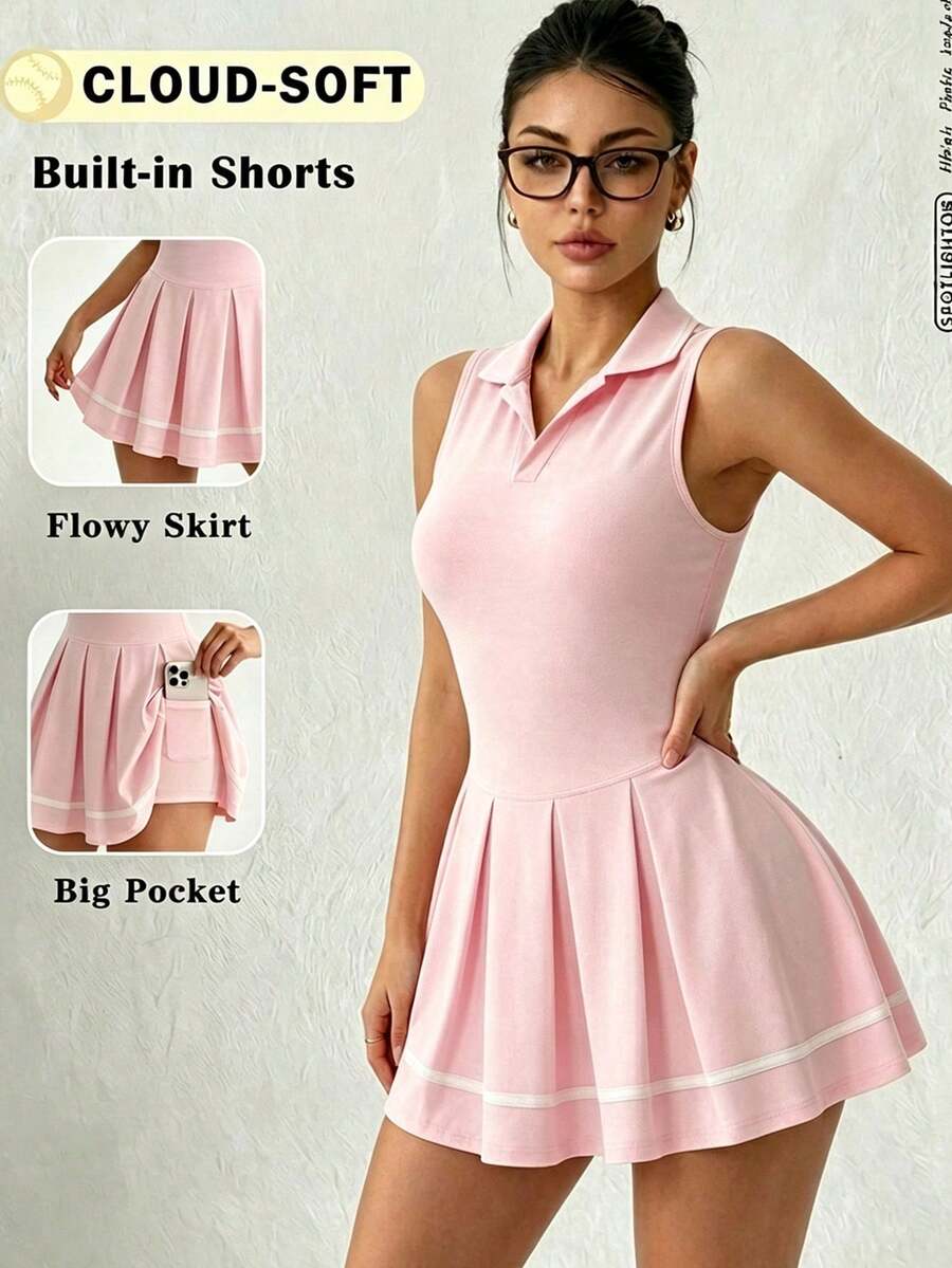 Women's Sleeveless Polo Collar One-Piece Tennis Dress, Cloud Soft Elastic Fabric With Contrast White Trim, Pleated Sport Dress With Built-In Anti-Exposure Safety Shorts, Side Large Pockets For Phone, Slim Fit Waist-Flattering, Quick-Dry Breathable, Fitness Badminton Golf Skirt, Outdoor Running Training Casual Preppy Style Energetic Girl Sports Dress - Pink - View 1