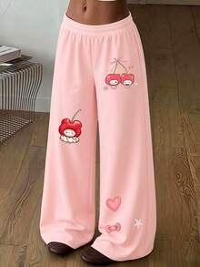 1pc Girls' Long Pants, Minimalist Casual Versatile Wide Leg Pants, Cute Cartoon Cherry Print Pattern, Comfortable Autumn/Winter New Bottoms - Pink - View 1