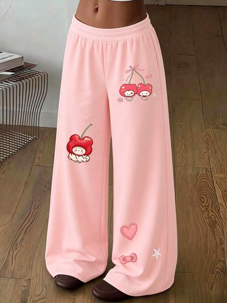 1pc Girls' Long Pants, Minimalist Casual Versatile Wide Leg Pants, Cute Cartoon Cherry Print Pattern, Comfortable Autumn/Winter New Bottoms - Pink - View 1