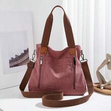Vintage Large Capacity Canvas Tote Bag, Solid Color Multi-Compartment Zipper Handbag Shoulder Crossbody Bag Sports Bag Hobo Bag Bucket Bag, Detachable Adjustable Shoulder Strap, Suitable For Work, Holiday Shopping, Travel, Daily Use - Red Violet - View 6