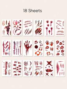 Halloween Zombie Fake Injury Tattoo Stickers 18 Sheets, Bloody Stitched Scar Blood Drip Face Body Tattoos For Horror Cosplay Party Makeup - Multicolor - View 8