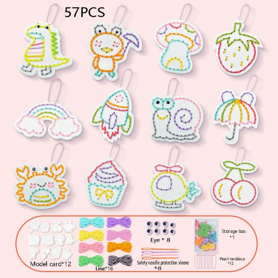 12-Pattern Beginner Sewing Set, Starter Kit - Includes Multiple Style Combinations, Plastic Needles, Thread, DIY Sewing Board, Children's Sewing Set, Children's Felt Crafts, Felt Set, Helps Develop Fine Motor Skills - Multicolor - View 1