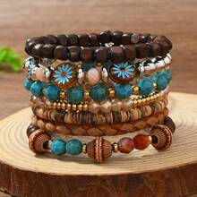 1 Set Bohemian Style Turquoise Coconut Shell Wooden Bead Elastic String Layered Bracelet Bangle - Multicolor - View 2