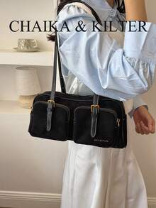 CHAIKA & KILTER 1件純色PU布料女款時尚多口袋大容量波士頓保齡球肩背包 拉鍊開合 適合日常使用與旅行 - 黑色 - 查看 4