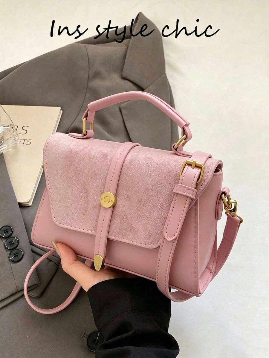 Handbag With Suede And PU Patchwork Flap Design, Structured Small Square Body Resistant To Softening And Deformation, Interior Space Can Store Phone, Lipstick, Powder, Earphones And Other Daily Essentials, Suitable For Work, Commute, Shopping, Dating And Daily Outings