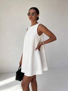 Women's Sleeveless White Casual Short Tank Dress, Round Neck Flared Hem, Perfect Summer Sun Dress - White - View 1
