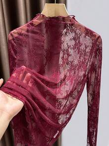 女款蕾絲假領網紗長袖內搭上衣 - 酒紅色 - 查看 3
