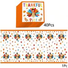 41pcs/Set Thanksgiving Tablecloth And Paper Napkin Set, Turkey Maple Leaf Tablecloth Napkins, Autumn Harvest Party Dinner Decoration Supplies - Multicolor - View 7