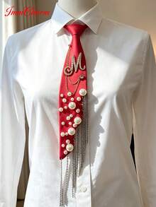 ImmCharm Men's & Women's Fashion Personalized Neckties, 26 Alphabet Letter Ties With Gemstone Accents, Fashion Chain Tassel Bow Ties, Accessories For Casual, Outdoor, School Uniform, JK Workwear, Cosplay, Christmas, Halloween, Gift Choice - Red - View 1