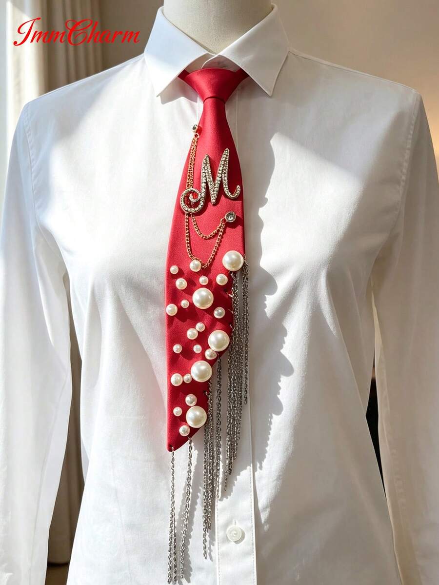 ImmCharm Men's & Women's Fashion Personalized Neckties, 26 Alphabet Letter Ties With Gemstone Accents, Fashion Chain Tassel Bow Ties, Accessories For Casual, Outdoor, School Uniform, JK Workwear, Cosplay, Christmas, Halloween, Gift Choice - Red - View 1