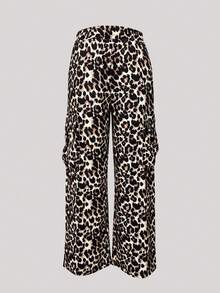 Celana Kargo Longgar Model Kaki Lebar Bermotif Leopard Gaya Gadis Jalanan, Pinggang Tinggi Elastis, Celana Panjang dengan Saku, Musim Semi/Gugur - MultiWarna - View 3