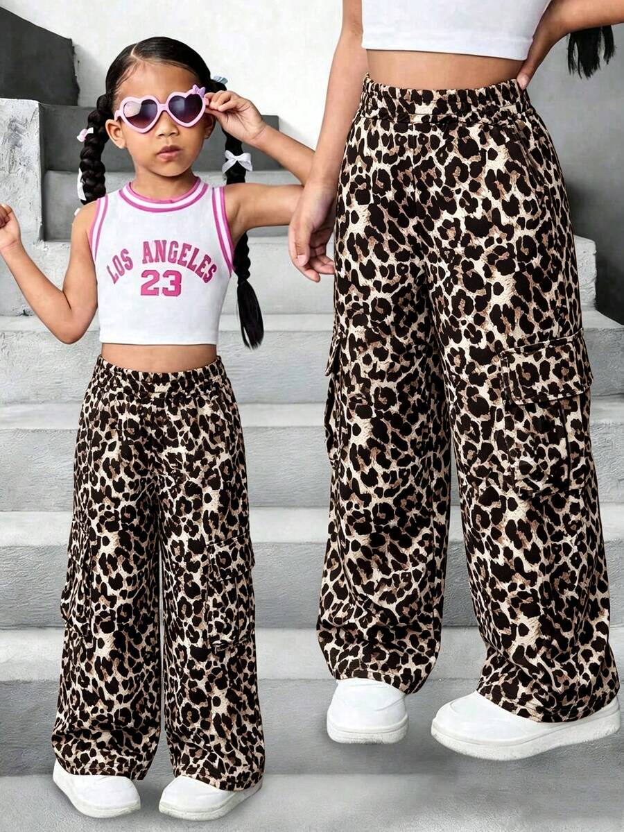 Celana Kargo Longgar Model Kaki Lebar Bermotif Leopard Gaya Gadis Jalanan, Pinggang Tinggi Elastis, Celana Panjang dengan Saku, Musim Semi/Gugur - MultiWarna - View 1