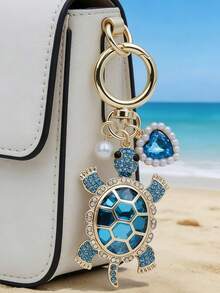 1pc Rhinestone Studded Cartoon Turtle Alloy Animal Keychain - Navy Blue - View 2