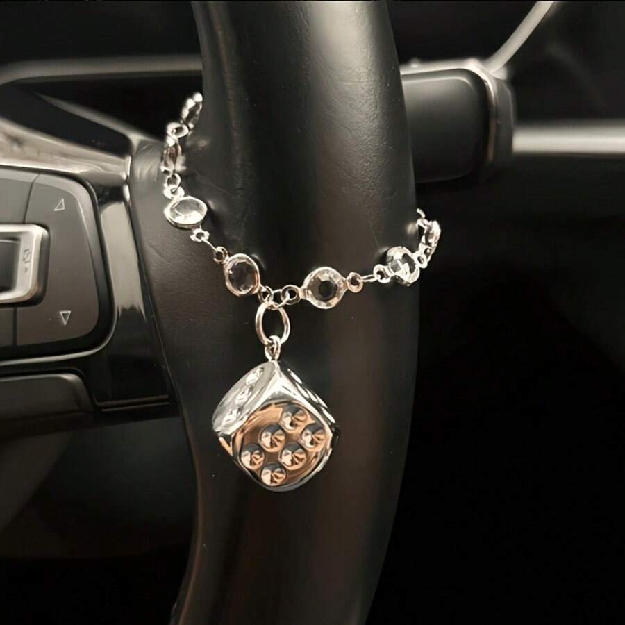 Dice Steering Wheel Car Hanging Ornament, Silver Clear Rhinestone Chain, Cool Retro‑Style Auto Interior Hanging Charm, Decorative Car Gift For Women - Ornaments - View 1