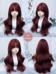 alicegarden 28-Inch Long Synthetic Wig Featuring A Natural Wavy Style In A A Stunning Burgundy. Designed With Bangs , This False Hairpiece Is Perfect For Ms Daily Party Cosplay Use, Offering A Natural And Natural Durable Wig Gift For Ladies. - Burgundy - View 8
