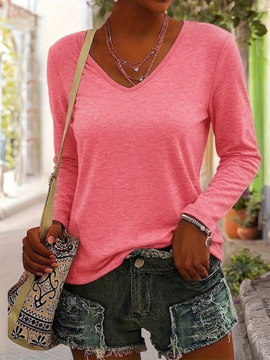 Kaos Lengan Panjang Wanita Kasual Warna Polos Kerah V, Atasan Lapisan Dasar Serbaguna dengan Potongan Longgar, Atasan Komuter Minimalis untuk Musim Semi dan Gugur Warna Pink - Berwarna merah muda - View 1
