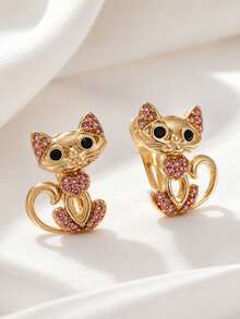 Cute Cat Stud Earrings For Women, Gold Tone Crystal Cat Earrings, Vintage Animal Design Earrings, Kawaii Daily Jewelry Gift - Gold - View 7