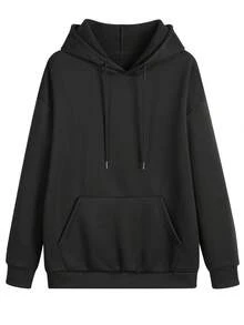 Women's White Loose Comfortable Hooded Sweatshirt, Warm Lining Drawstring Pullover, With Pockets, Suitable For Autumn/Winter Wear - Black - View 9