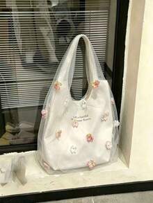 日韓風小眾設計 Ins 風簡約時尚花卉清新抽繩大容量托特肩背包 通勤出遊日常購物包 - 白色 - 查看 3