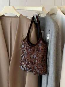 Korean Style Shiny Sequin Niche Design Ins Style Patchwork Handbag, Commute, Outing, Daily Shopping, Shoulder Slouchy Handbag - Coffee Brown - View 3