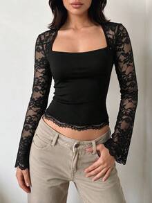 Women's Autumn Long Sleeve Lace Patchwork Top - Black - View 5