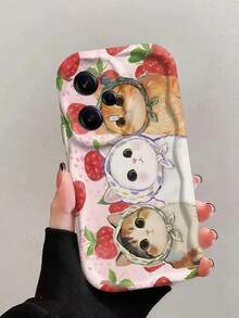 1 buah Casing Ponsel Pelindung Anti Benturan Anti Jatuh dengan Tepi Bergelombang Warna Krem, Casing Ponsel Kartun Kucing Lucu dengan Latar Belakang Merah Muda, Anak Kucing Mengenakan Jilbab, Motif Buah Stroberi, Casing Ponsel Pelindung TPU Lembut, Kompatibel dengan Perangkat Android, Ponsel Seri - Putih - View 2