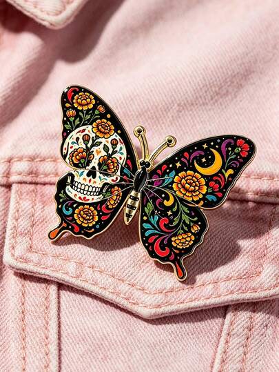 1pc Day Of The Dead Butterfly Skull Enamel Brooch, Floral Butterfly Pin, Suitable For Jackets, Bags And Hats Holiday Fashion Accessory