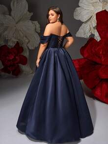 VIPGIRL New Navy Blue Strapless Sequin Patchwork Ruched Bust Design Elegant Plus Size Women's Formal Evening Gown - Navy Blue - View 2