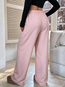 Women's Linen Texture Wide Leg Pants, Drawstring Elastic Waist Loose Casual Long Pants, Lightweight Summer Autumn Wide Leg Pants - Pink - View 4
