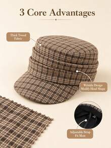 Women Houndstooth Newsboy Cap, Vintage Plaid Peaked Hat, Face-Slimming Octagonal Cap, Fall Winter Essential, Maillard Style, For Commute Outing - Plaid Newsboy Cap - View 4