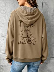 Women's Plus Size Hooded Sweatshirt, Cute Teddy Bear Pattern, Suitable For Comfortable Autumn/Winter Style - Brown - View 3