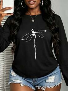 Black Plus Size Women's Minimalist Line Dragonfly Print Long Sleeve T-Shirt, Simple Hand-Drawn Insect Pattern Crew Neck Loose Top - Black - View 3