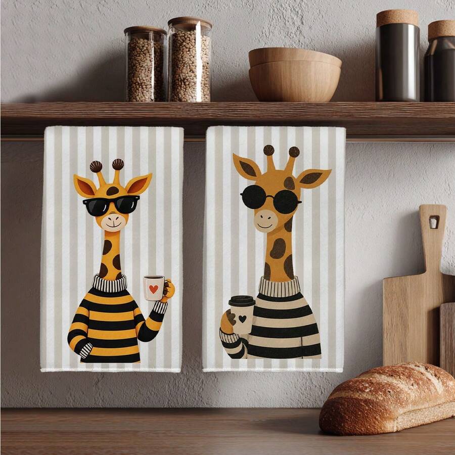 2PCS Kitchen Towels, Striped Cartoon Giraffe Pattern Dish Cloths, 40*60cm Rectangular Microfiber Absorbent Cleaning Kitchen Towels, Perfect For Kitchen, Dining Room And Bathroom Use, Kitchen Decor, Home Decor, Housewarming Gift For Neighbors, Dish Cloths - Multicolor - View 1