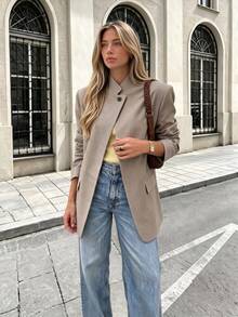 Women's Grey Asymmetrical Stand Collar Blazer, New Loose Slimming Casual Commute Versatile Premium Single-Breasted Small Jacket Fall - Brown - View 3