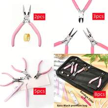 8pcs/5pcs/3pcs/2pcs DIY Advanced Tool Kit, 3 Types Of Pliers, 2 Powder Tweezers, 1 Random Color Cone, 1 Open Ring And 1 Measuring Tape, Can Be Selected Individually. Suitable For Beginners And Experts, Essential For Home - Pink - View 3