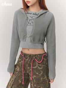 CHUU Letter Patchwork Hooded Knit Cardigan Women's Autumn Sweet Cool Metal Button Long Sleeve Short Jacket - Grey - View 1