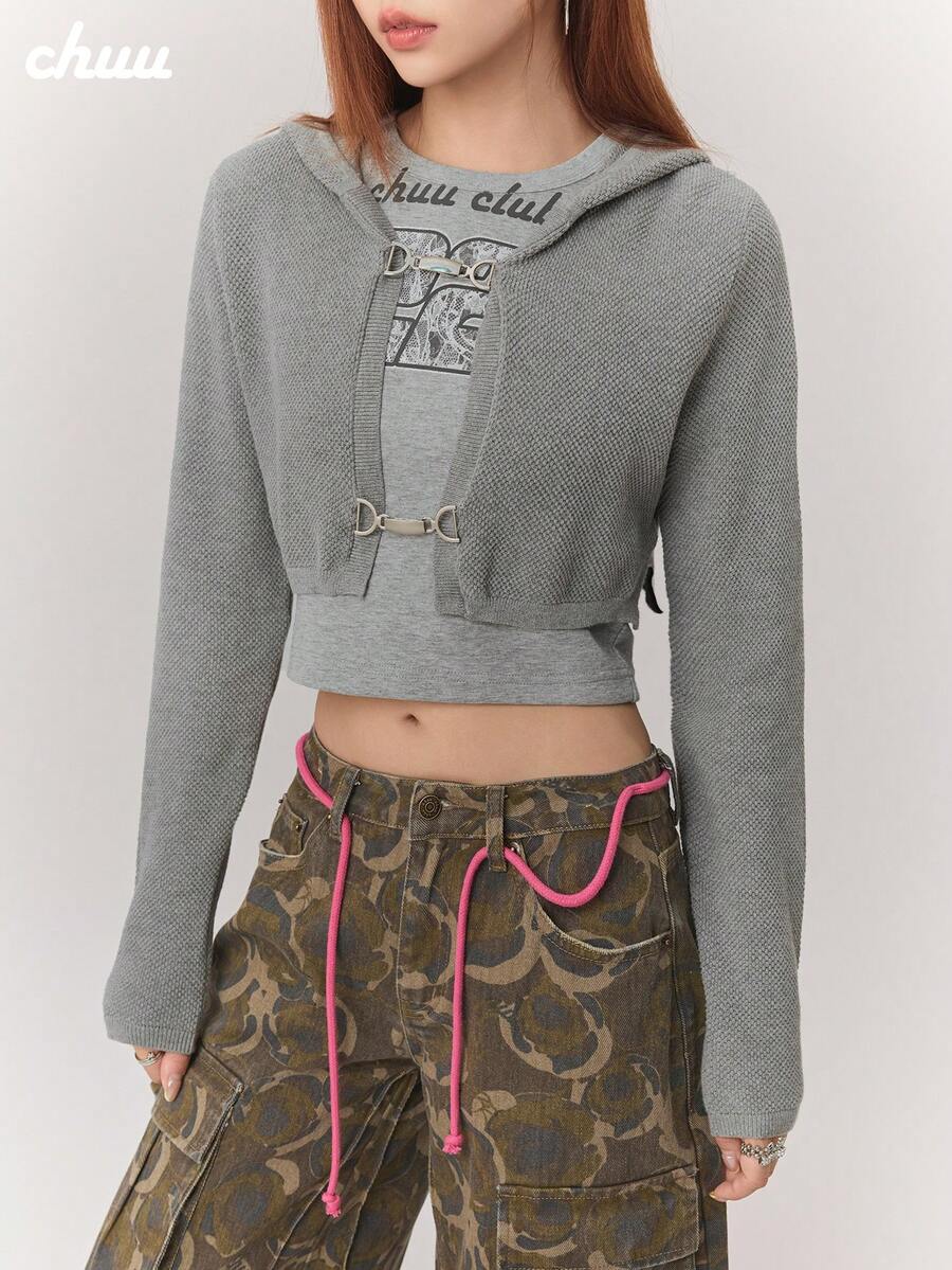 CHUU Letter Patchwork Hooded Knit Cardigan Women's Autumn Sweet Cool Metal Button Long Sleeve Short Jacket - Grey - View 1