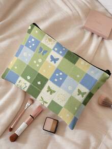 1pc Kids Pastel Multicolor Checkered Floral Print Zipper Closure Portable Makeup Pouch,Lightweight Toiletry Organizer For Travel Daily Storage Or Gift - Multicolor - View 12