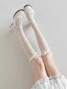 Women's Ruffle Bow Knee-High Socks, Hollow Lace Calf Socks, Sweet & Playful Style Long Socks, Suitable For Daily Wear - Multicolor - View 8