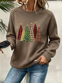 Plus Size Women Christmas Tree Pattern Print Casual Crew Neck Pullover Knit Sweater - Earth Gray - View 3