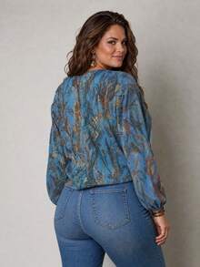 Plus Size Women's Bohemian Abstract Print V-Neck Ruffle Lantern Sleeve Blouse, Casual Vacation Top For Autumn - Blue - View 2